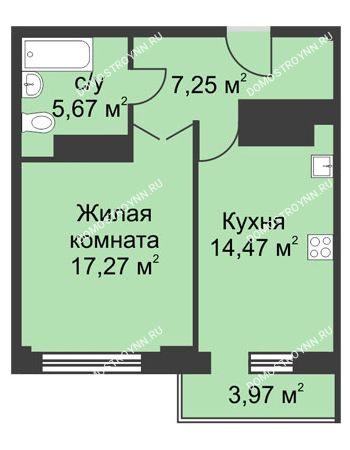 1 комнатная квартира 46,64 м² - ЖК На Ошарской