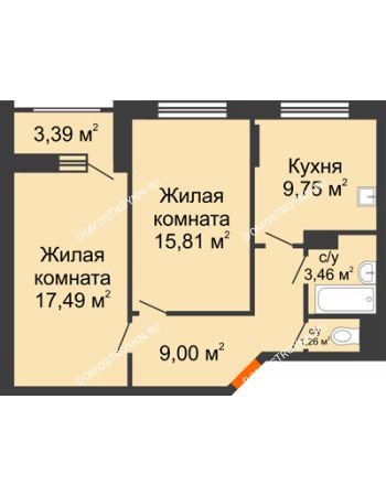 2 комнатная квартира 58,47 м² - ЖД по ул. Сухопутная