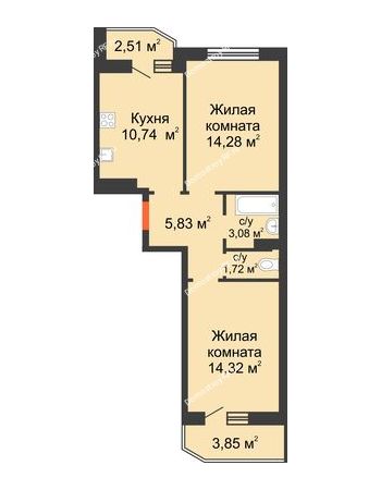 2 комнатная квартира 53,16 м² в Семейный квартал Достояние, дом Литер 1