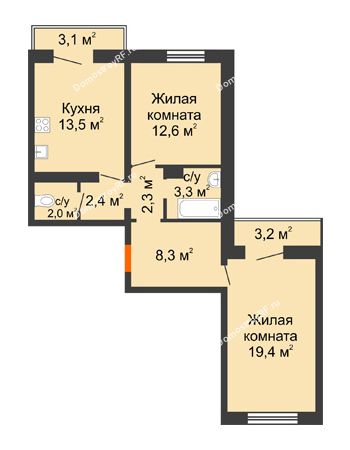 2 комнатная квартира 66,3 м² в ЖК Озерки	, дом Позиция 17