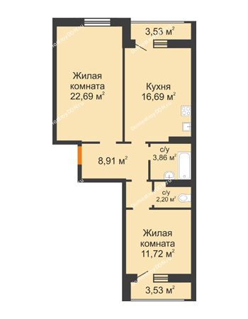 2 комнатная квартира 69,59 м² в ЖК Суворовский, дом Литер 1, Участок 120