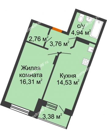 1 комнатная квартира 43,99 м² в ЖК Мандарин, дом 2 позиция 5-8 секция