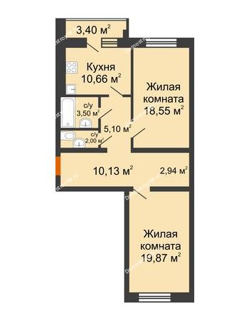 2 комнатная квартира 74,35 м² в ЖК Браер Парк Центр, дом № 5