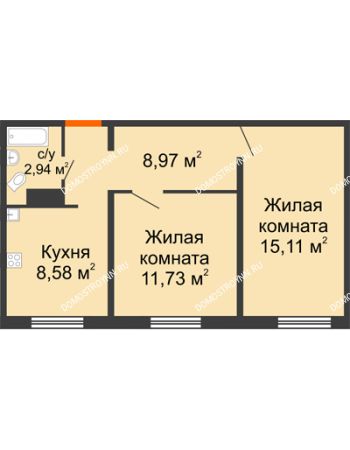 2 комнатная квартира 47,33 м² в ЖК Торпедо, дом № 17