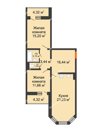 2 комнатная квартира 75,28 м² - ЖК Инстеп. Звездный