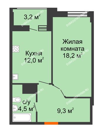 1 комнатная квартира 45,6 м² в ЖК Квартет, дом № 3