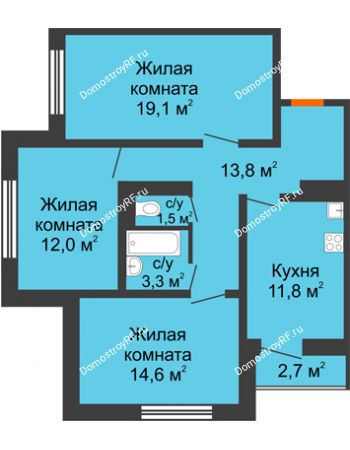 3 комнатная квартира 77,5 м² в ЖК Задонье, дом Позиция 2