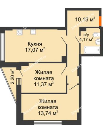 2 комнатная квартира 57,19 м² в ЖК Рубин, дом Литер 3