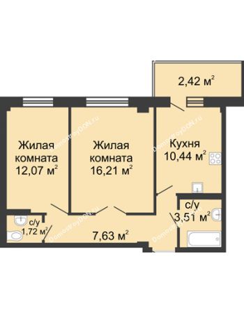 2 комнатная квартира 54,29 м² в ЖК Соловьиная роща, дом № 7