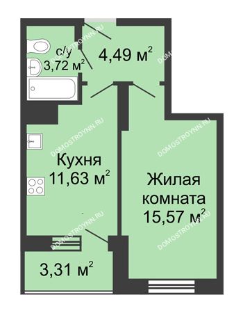 1 комнатная квартира 38,72 м² в ЖК Красная поляна, дом № 6